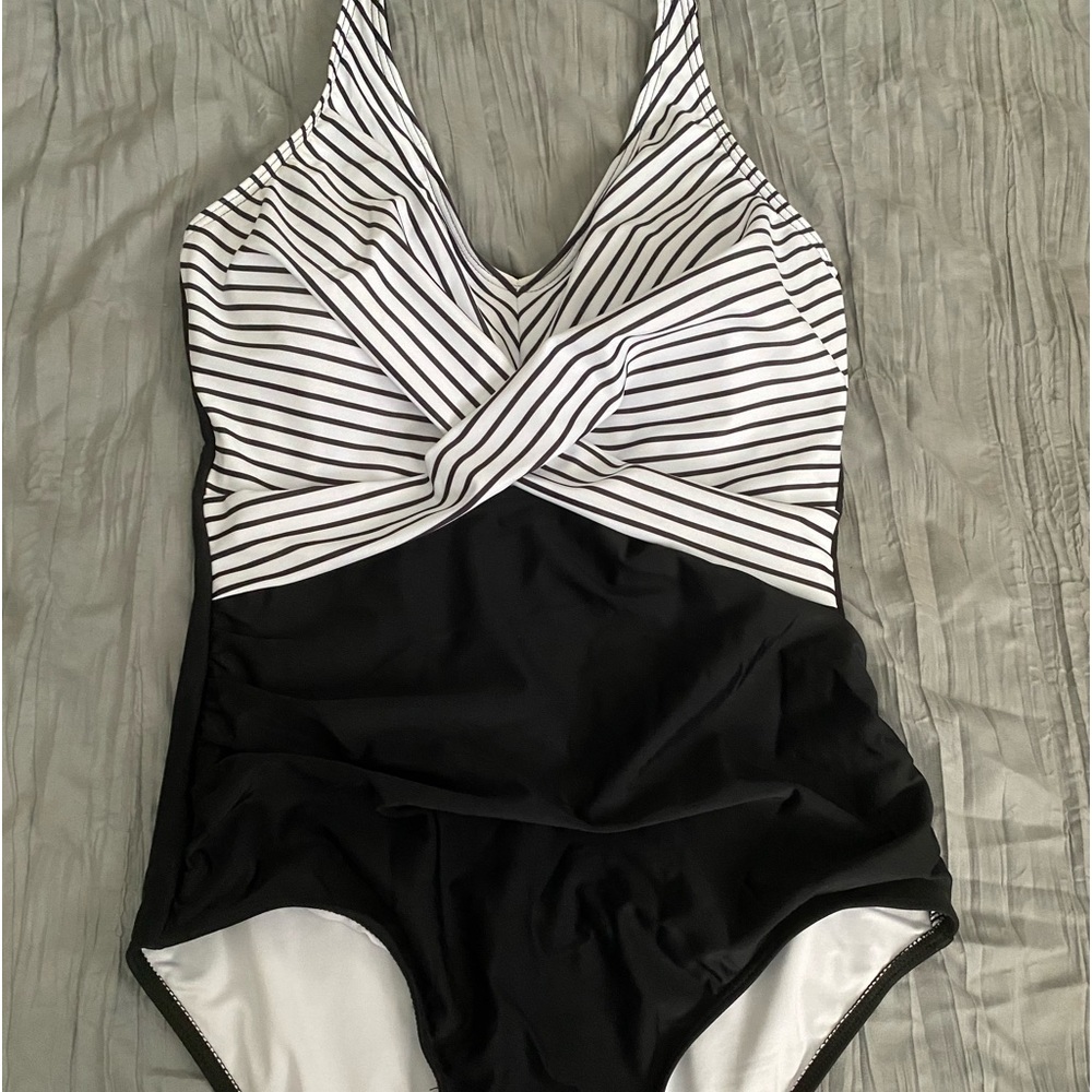 American Trends Black and White Front Cross Tummy Control NWOT one piece